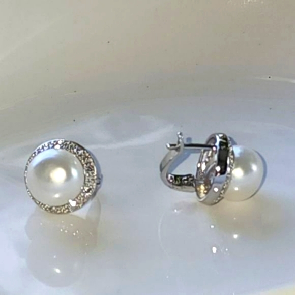 925S Sterling Silver Cultured White‎ Button Freshwater Pearl Leverback Earrings - Picture 10 of 13